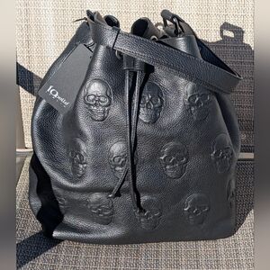 iOpelle Italian Leather, Skull Embossed, Black Drawstring Bucket Bag, NWT